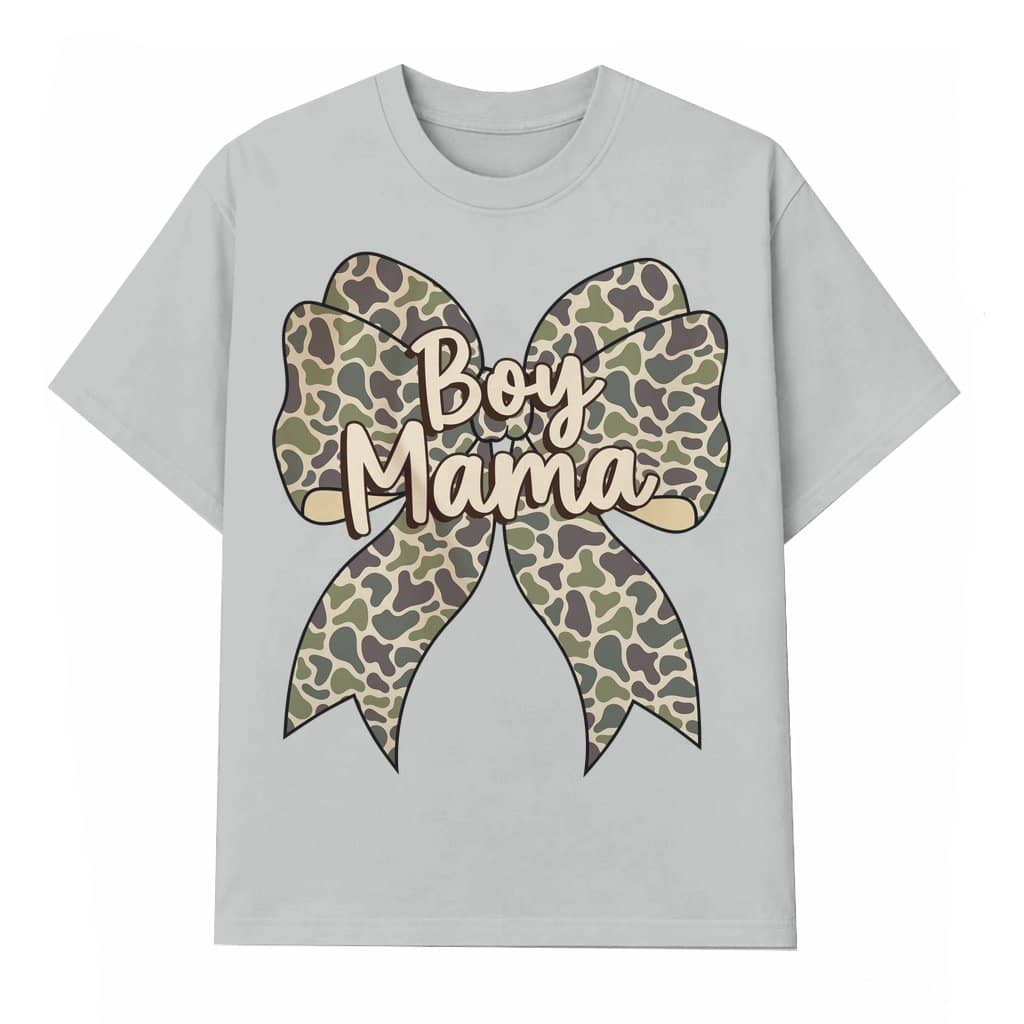 Boy Mama T-shirt – Camo Coquette Bow Mother's Day Gift for Mom of Boys Vintage Style