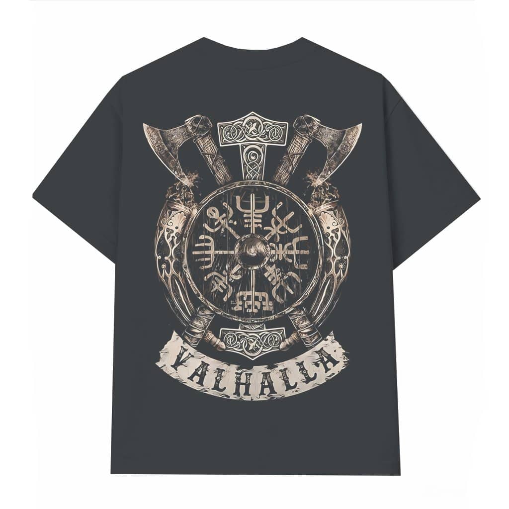 Viking Valhalla T-shirt – Gift for Men Norse Mythology Shield Axe Graphic