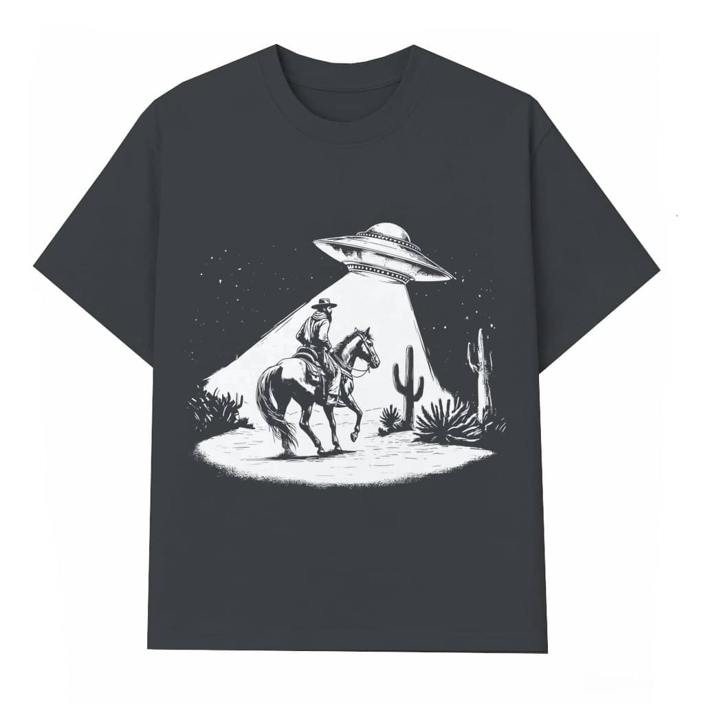 Vintage UFO Western T-shirt – Birthday Gift for Men Sci-Fi Cowboy Style