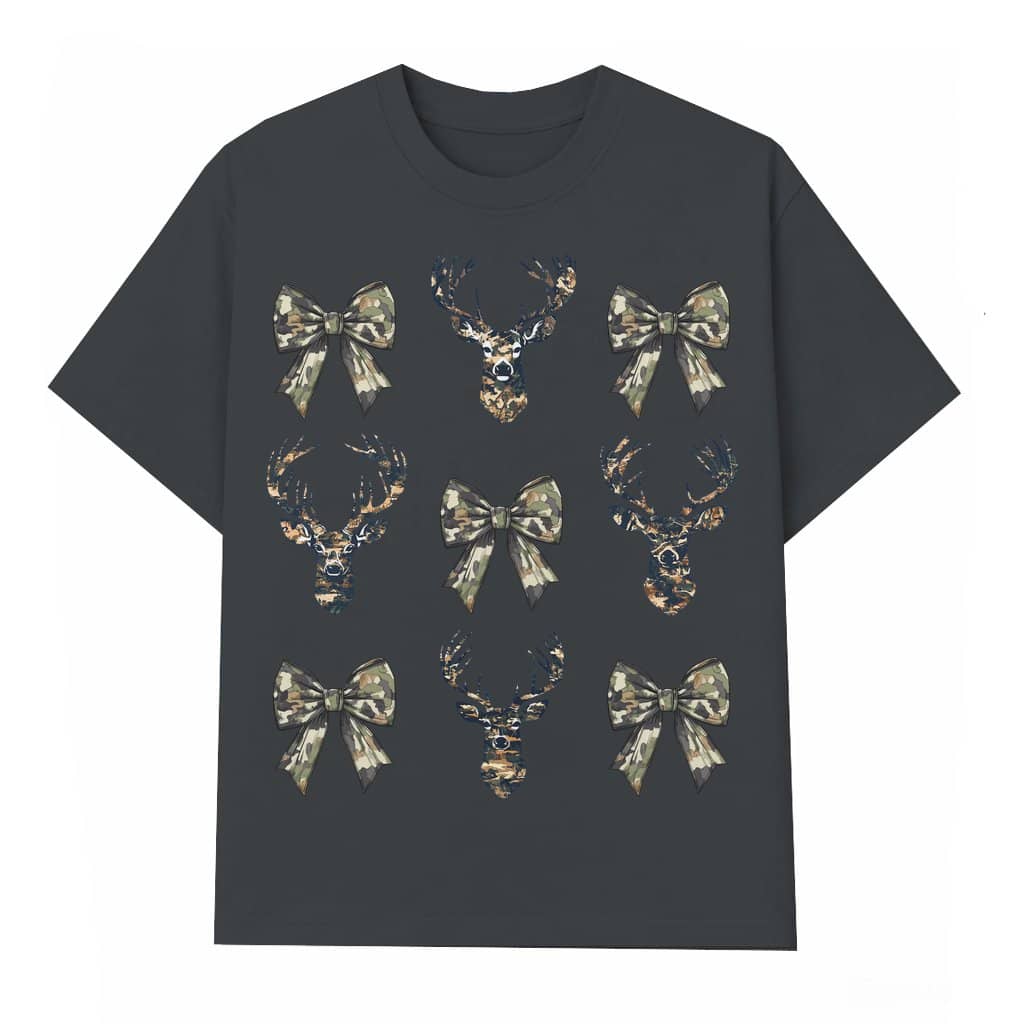 Cute Deer Hunting Coquette Bow Graphic T-shirt – Gift for Hunter's Wife Camo