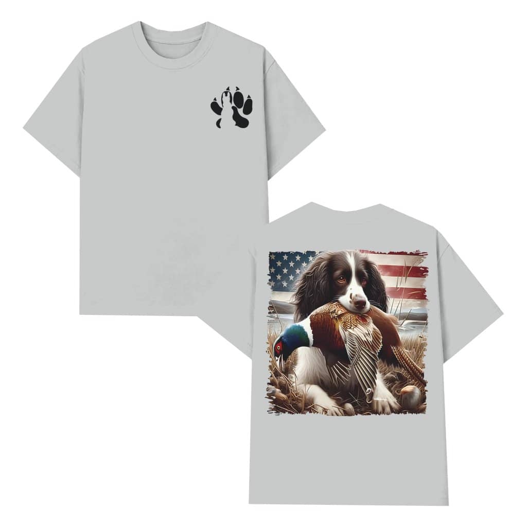 Hunting Dog Springer Spaniel Pheasant T-shirt – Gift for Hunters American Flag 2 Sided Print