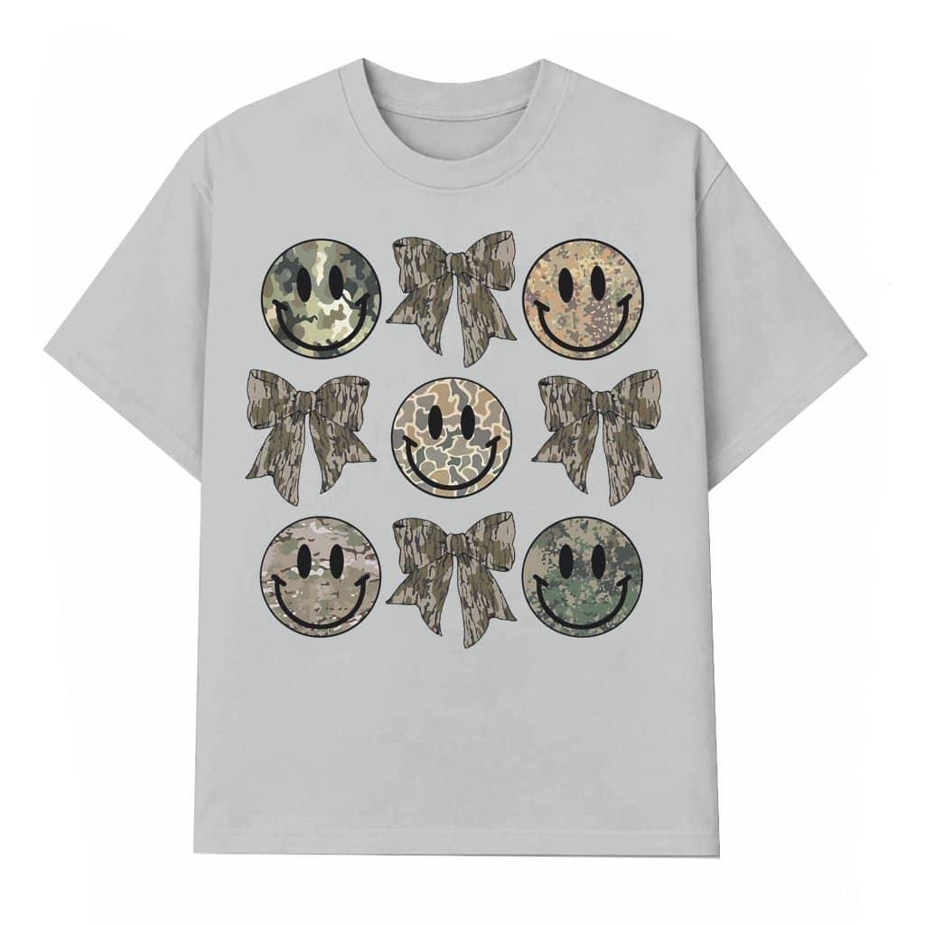 Camo Smile Face Bow T-shirt – Hunting Gift for Her Coquette