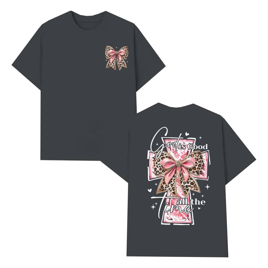 God Is Good All The Time T-shirt – Christian Gift for Women Leopard Cross Coquette Bow