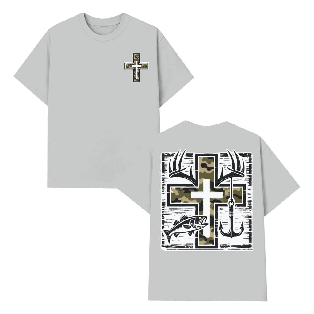 Faith Hunting Fishing T-shirt – Gift for Outdoorsmen Camo Cross Antlers