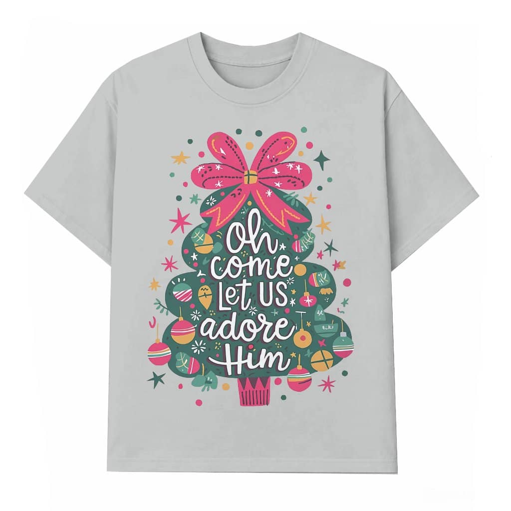 Classic Oh Come Let Us Adore Him T-shirt – Christmas Gift for Women Trendy Coquette Tree