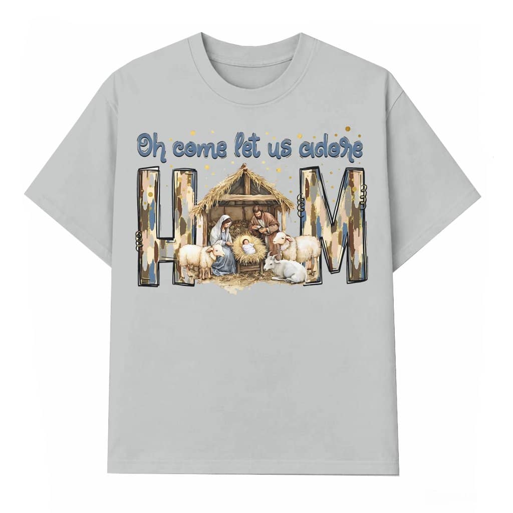 Oh Come Let Us Adore Him T-shirt – Christmas Nativity Scene Gift Retro Vintage