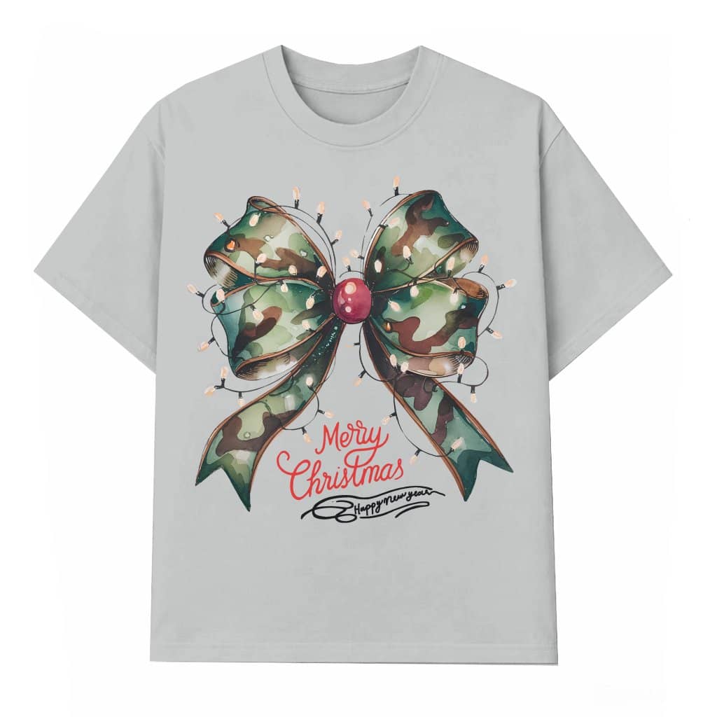 Camo Watercolor Christmas Lights T-shirt – Christmas Holiday Gift for Her Trendy Coquette Bow