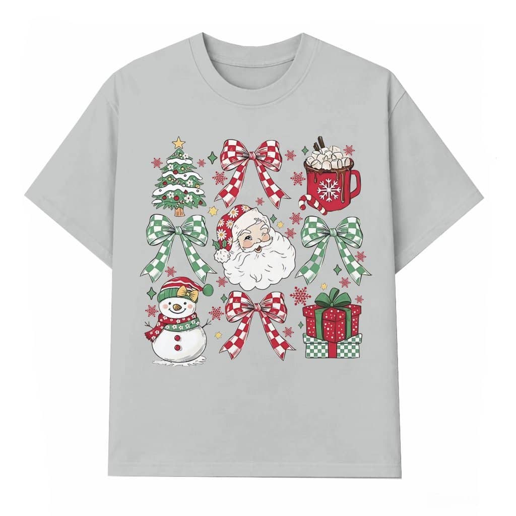 Cute Coquette Santa Bow T-shirt – Christmas Gift for Her Retro