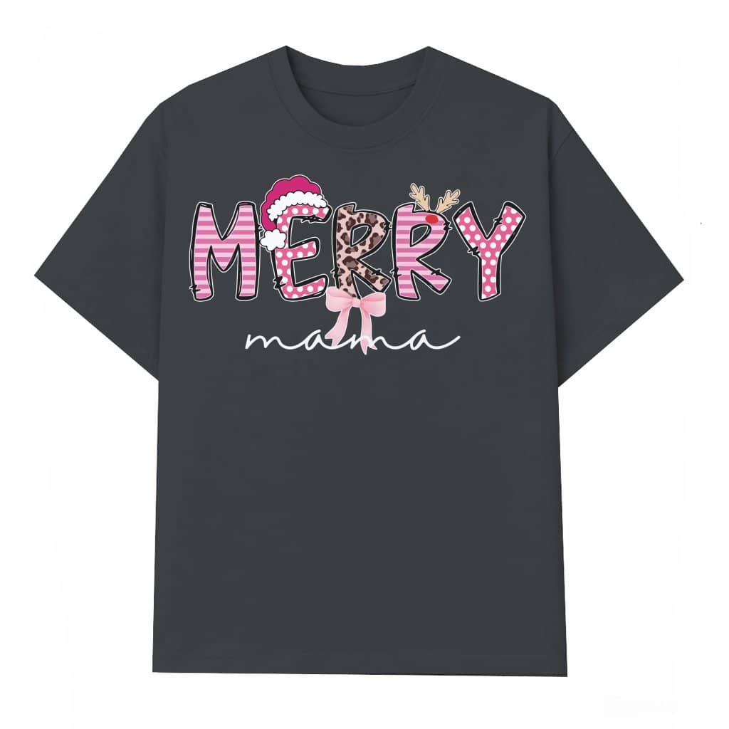 Merry Mama Leopard Bow T-shirt – Christmas Gift for Mom Cute Mama Claus
