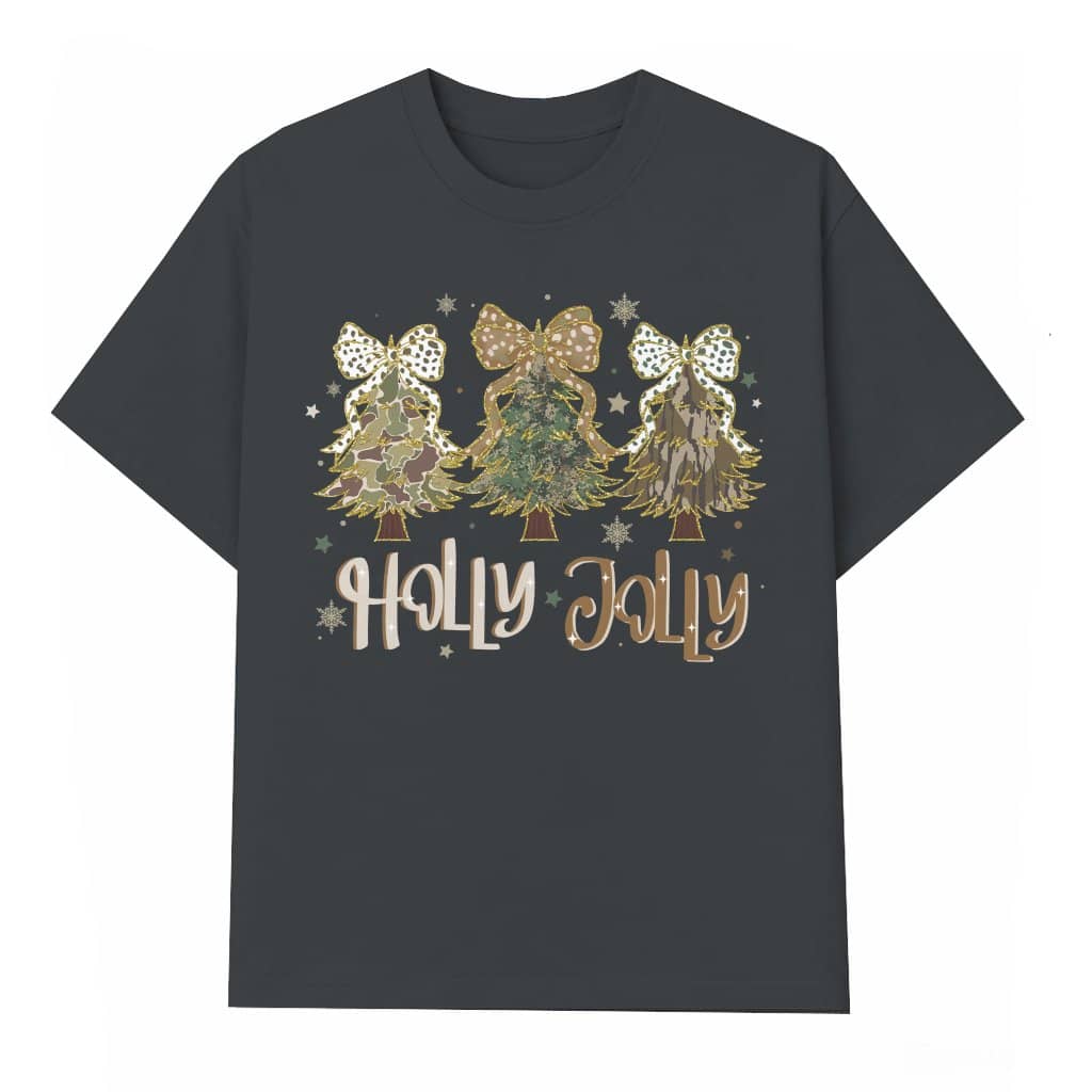 Camo Coquette Bow T-shirt – Christmas Gift for Women Holly Jolly Glitter