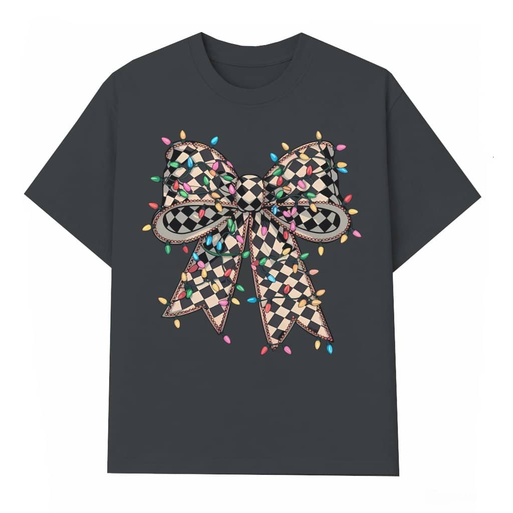 Coquette T-shirt – Christmas Gift for Her Merry Lights Bow Checkered