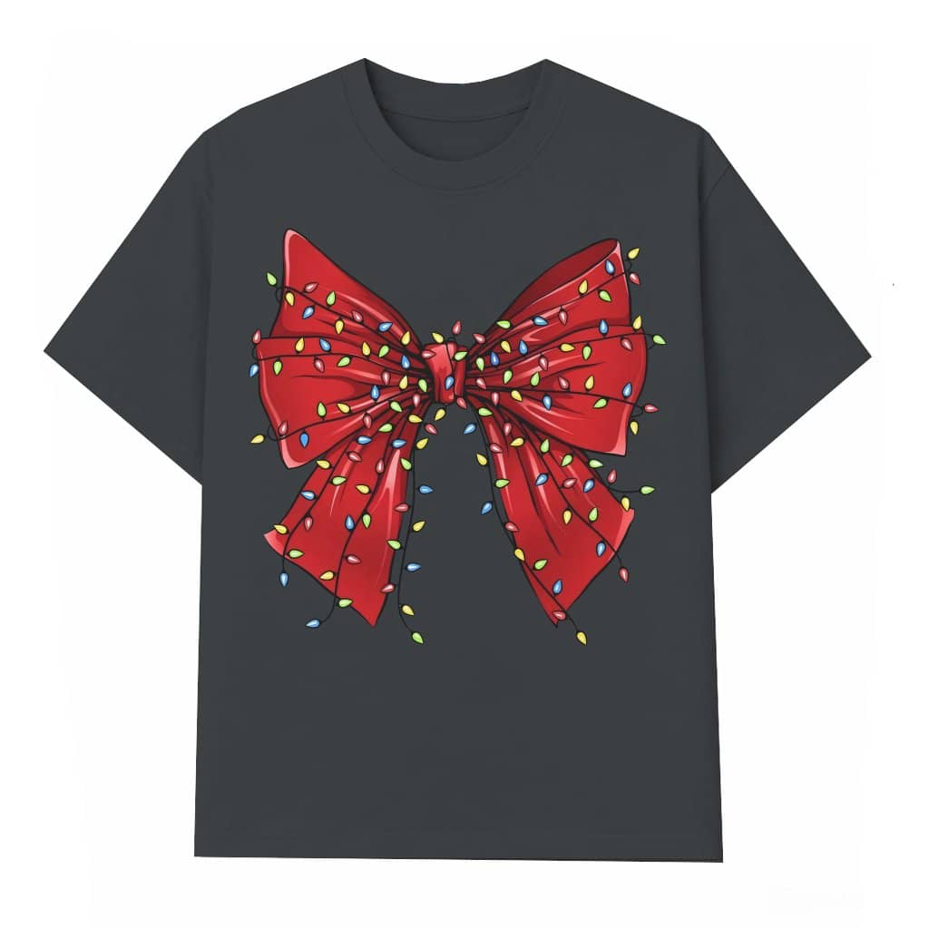 Coquette Bow T-shirt – Christmas Gift for Her Holiday Lights