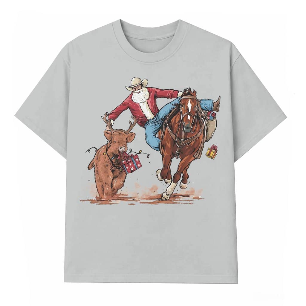 Funny Cowboy Santa Bulldogging T-shirt – Christmas Gift for Men Country Style