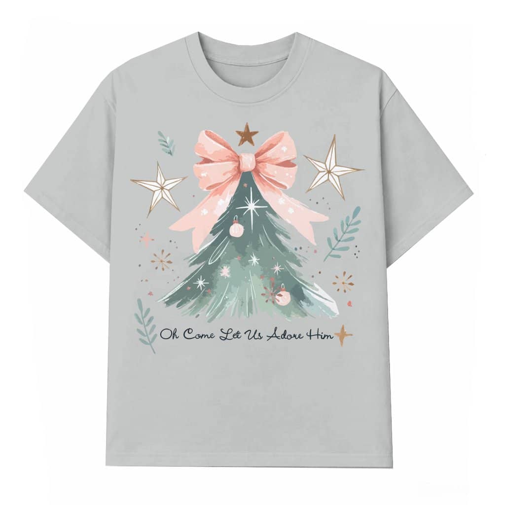 Oh Come Let Us Adore Him T-shirt – Christian Christmas Gift Coquette Bow Xmas Tree