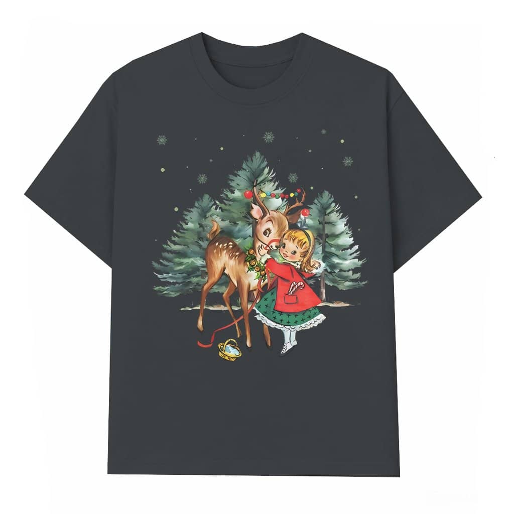 Vintage Girl Reindeer T-shirt – Christmas Gift for Women Retro 1950s