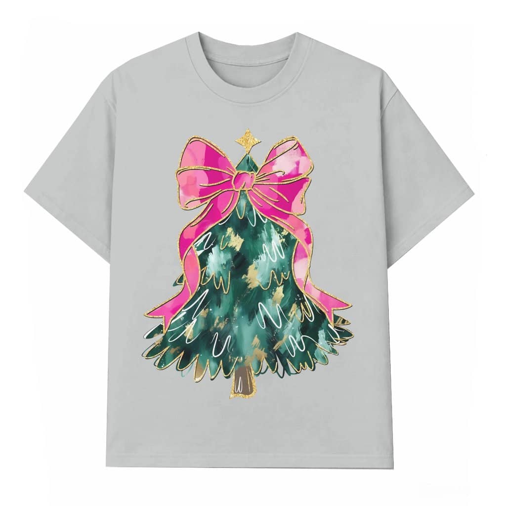 Coquette Christmas Tree T-Shirt – Christmas Gift for Girls Pink Girly Bow Glitter