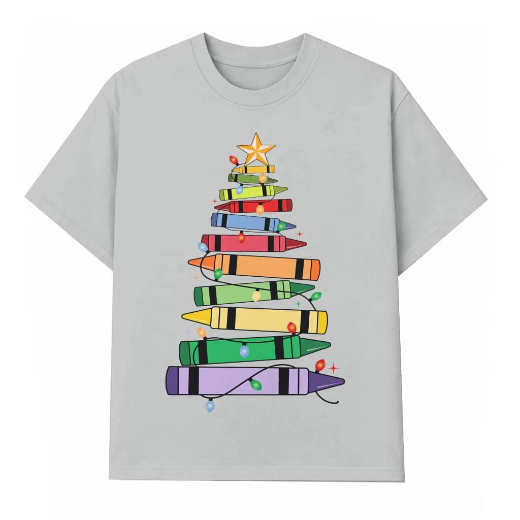 Merry Xmas Tree Crayon Lights T-shirt – Christmas Gift for Teacher Cute