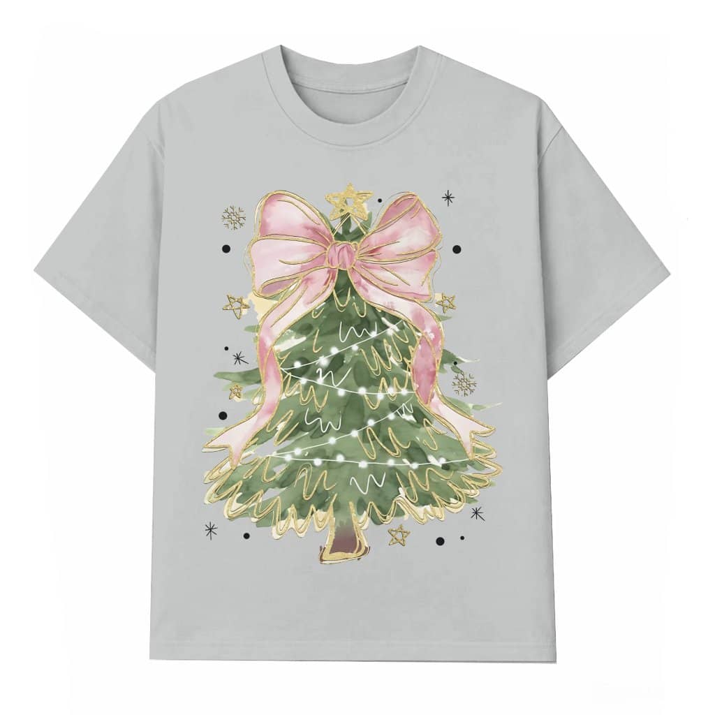 Coquette Christmas Tree T-shirt – Christmas Gift for Her Watercolor Bow