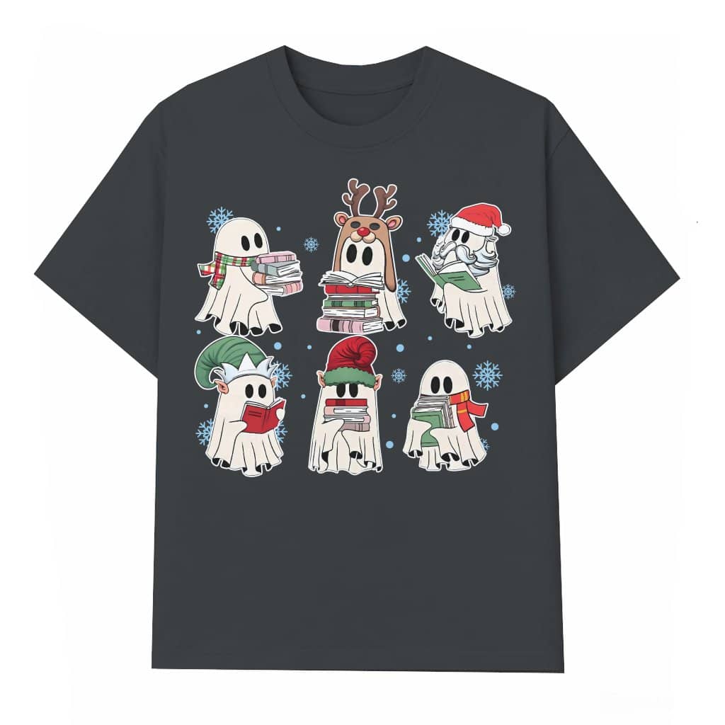 Ghost Reading Books Christmas T-shirt – Gift for Teacher Cute Bookish
