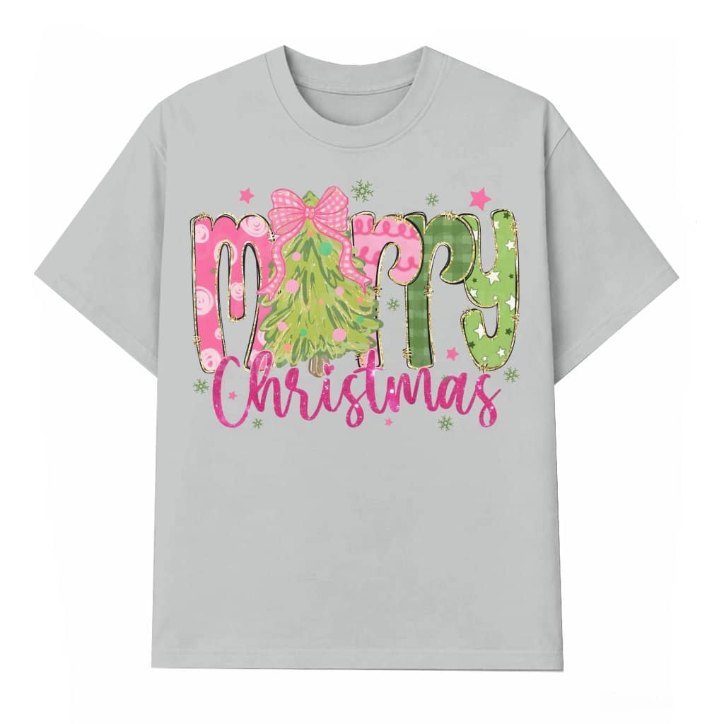Coquette Bow T-shirt – Christmas Gift for Her Pink Glitter Merry Bright