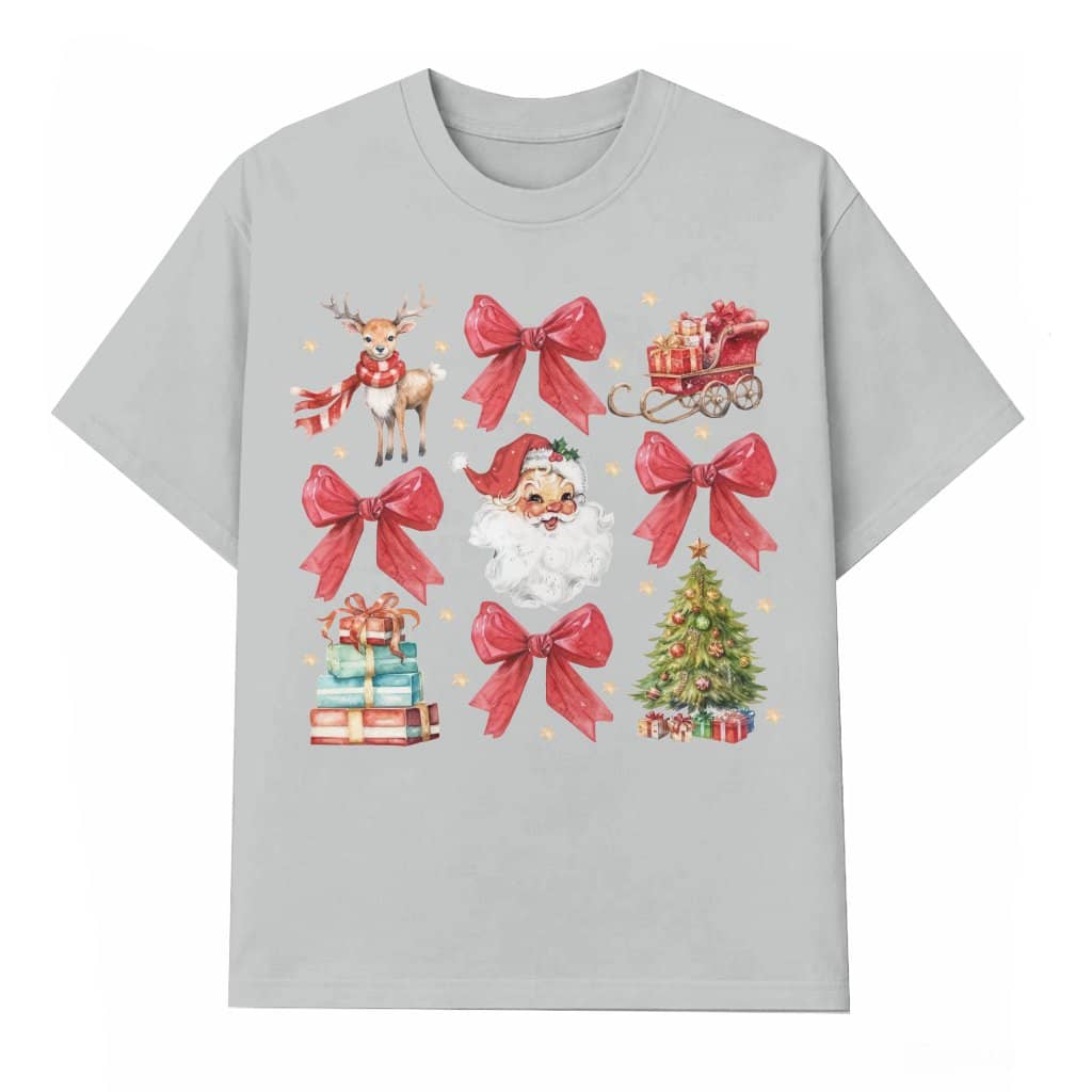 Retro Santa Bow T-shirt – Christmas Gift for Women Vintage Style