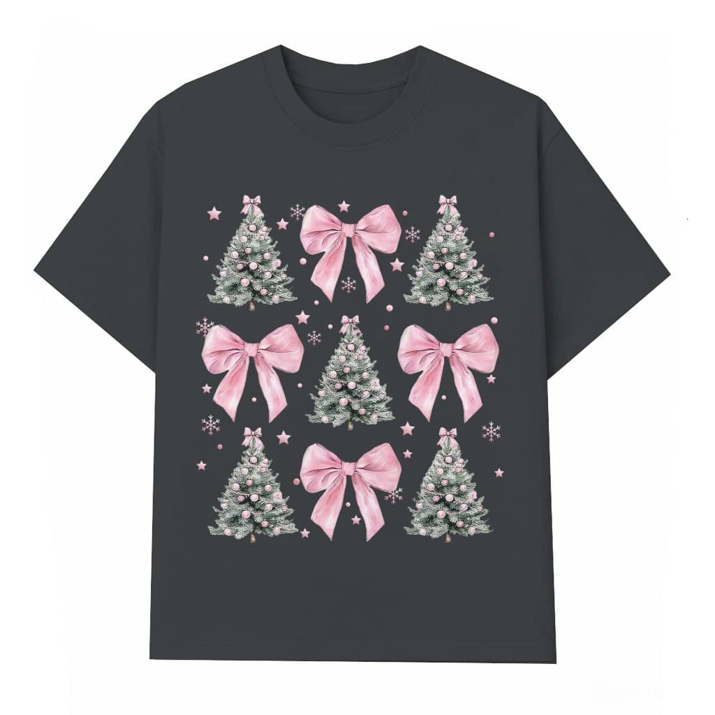 Cute Coquette Bow T-shirt – Christmas Gift for Girls Trendy Holiday Tree