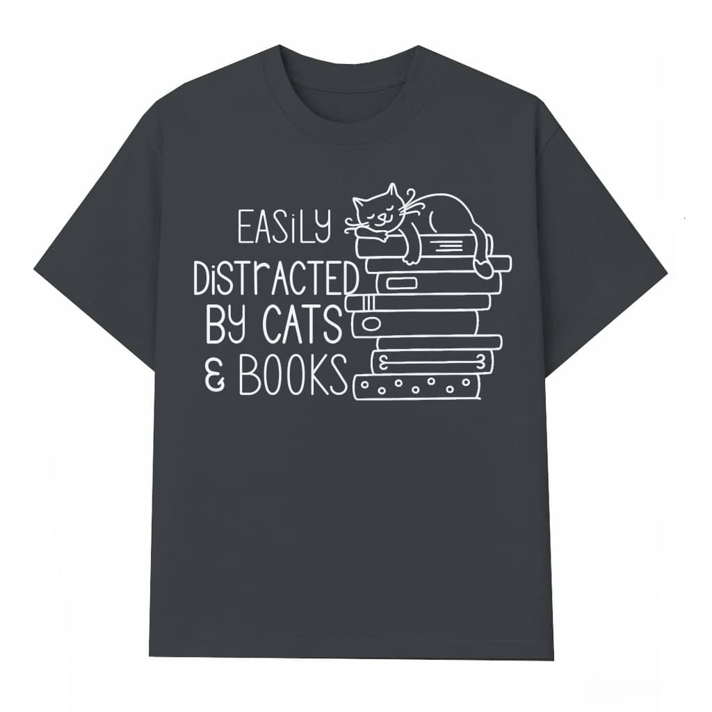 Easily Distracted By Cats and Books T-shirt – Gift for Cat Lover Funny