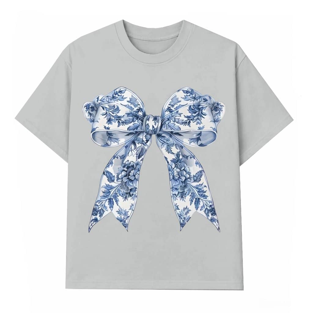 Blue Toile Bow T-shirt – Christmas Gift for Women Cute Trendy