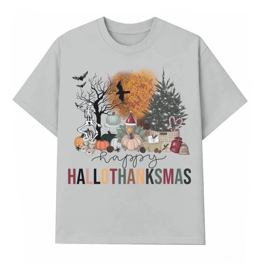 Hallothanksmas T-shirt – Funny Holiday Gift Skeleton Pumpkin Bat