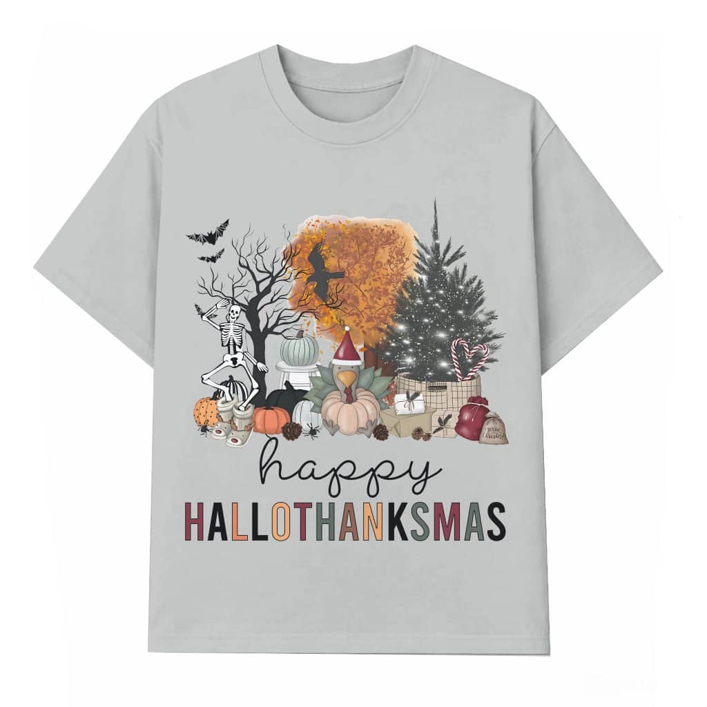 Happy Hallothanksmas T-Shirt – Holiday Season Funny Gift for Men Women