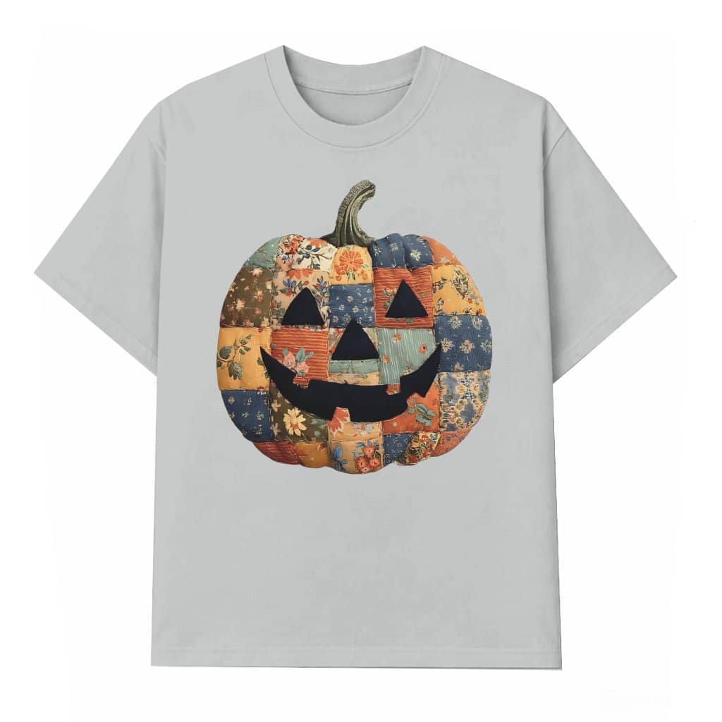 Retro Patchwork Pumpkin Halloween T-shirt for Women – Vintage Spooky Fall