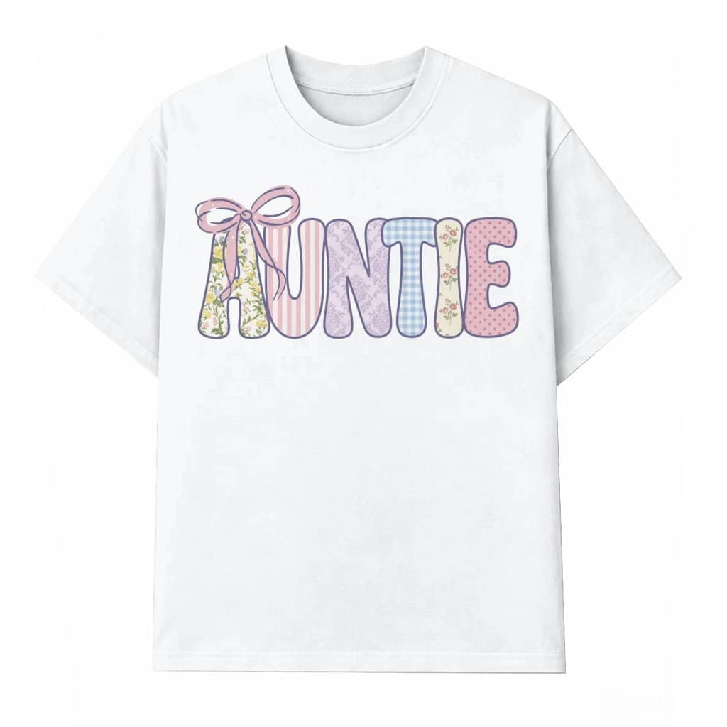 Retro Pastel Floral Coquette Bow Checkered T-shirt – Gift for New Aunt