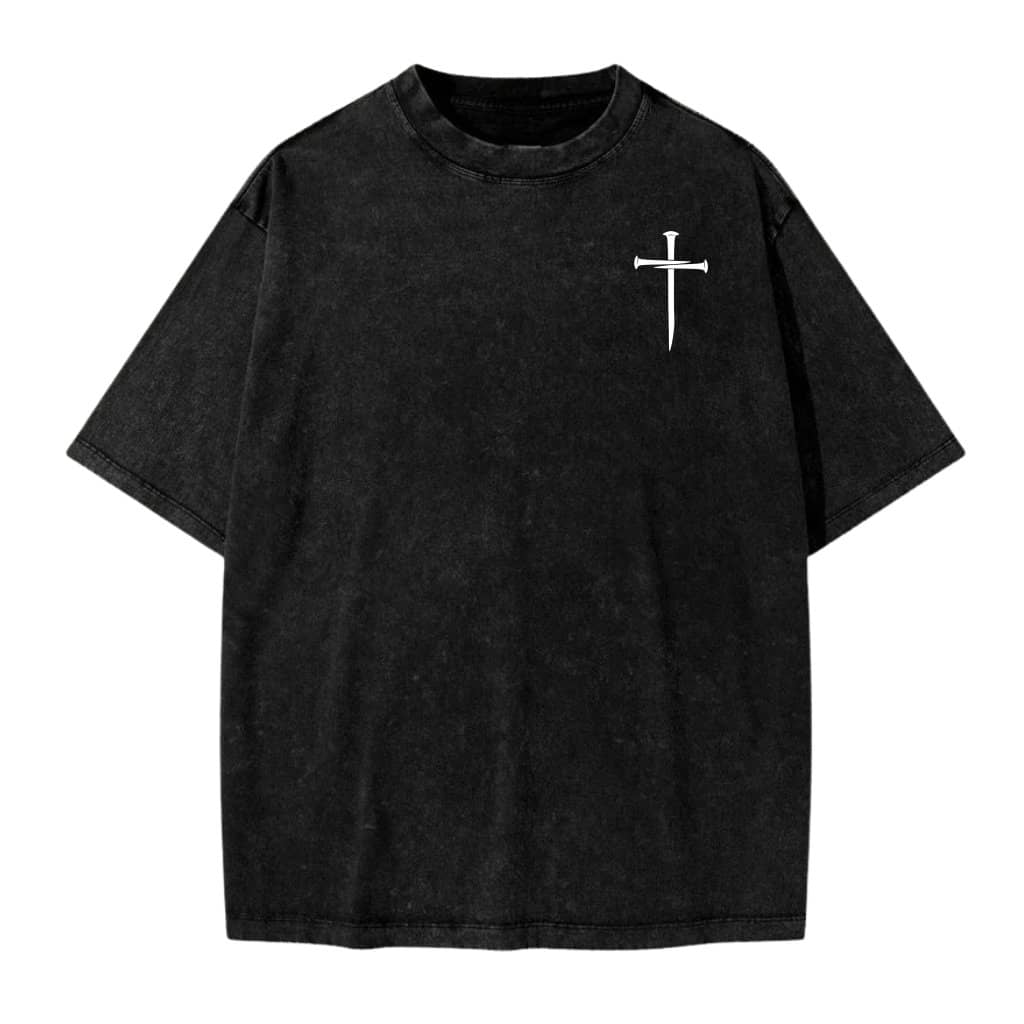 Christian Minimalist Nails Cross Jesus Wash Tee – Christian Gift for Men Streetwear Mineral Washed