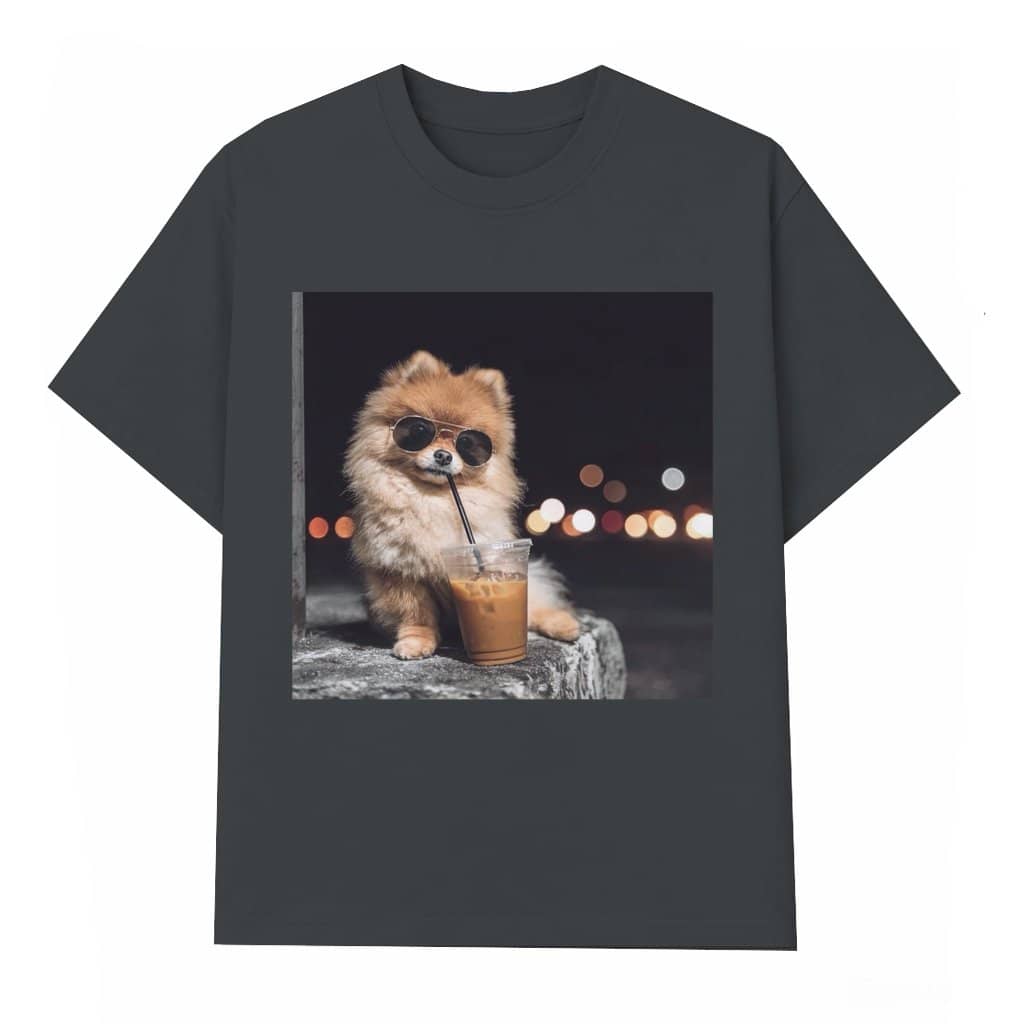 Funny Pomeranian Drinking Iced Coffee T-shirt, Vintage Pom Dog Shirt, Dog Mom Gift, Dog Dad Unisex Tee, Dog Lover Shirt - T-shirt
