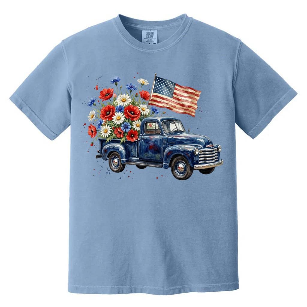 USA Flag Retro Truck Comfort Colors Shirt – 4th of July Country Style Gift for Her, Patriotic Tee