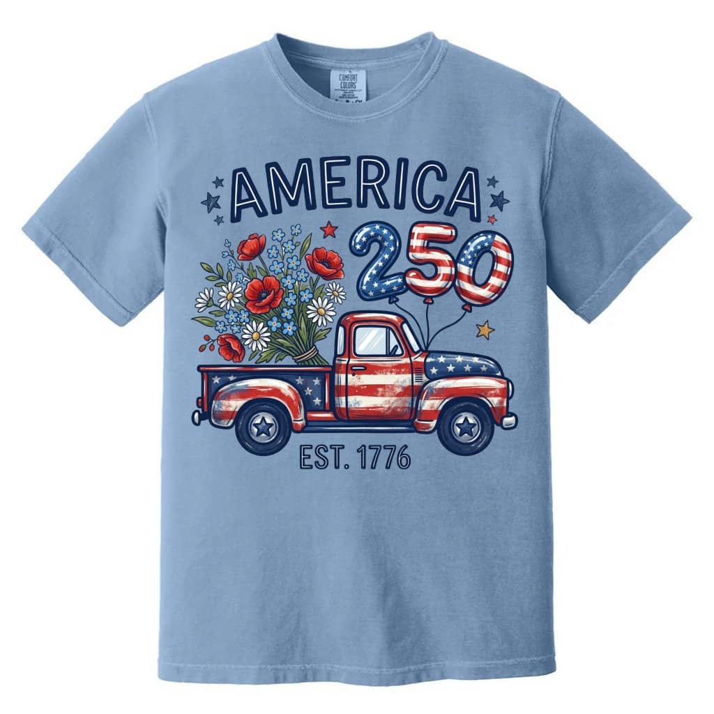 Retro Floral Truck Patriotic Comfort Colors Shirt – 4th of July Gift for Her, America 250 Years Est 1776 Tee