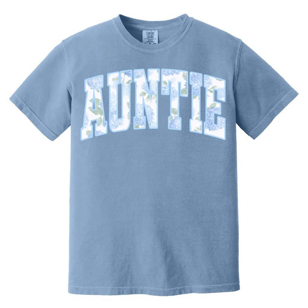 Hydrangea Blue Auntie Comfort Colors Shirt - Pregnancy Announcement to Auntie, New Aunt Era