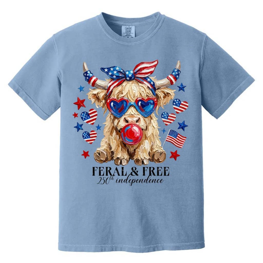 Feral & Free Highland Cow Comfort Colors Shirt – 4th of July Gift for Her, Funny Patriotic USA Tee