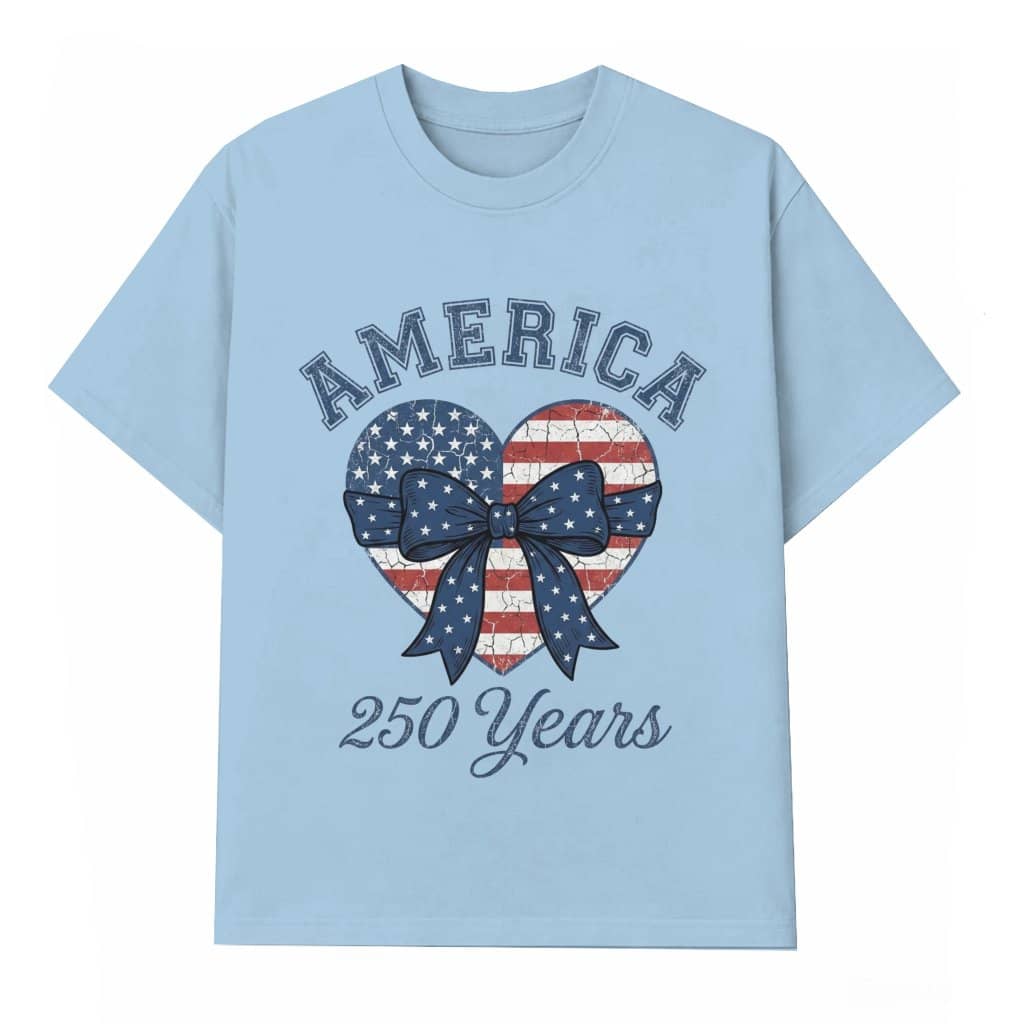 America 250 Years Coquette Bow T-Shirt – 4th of July Gift for Her, Patriotic USA Anniversary Tee