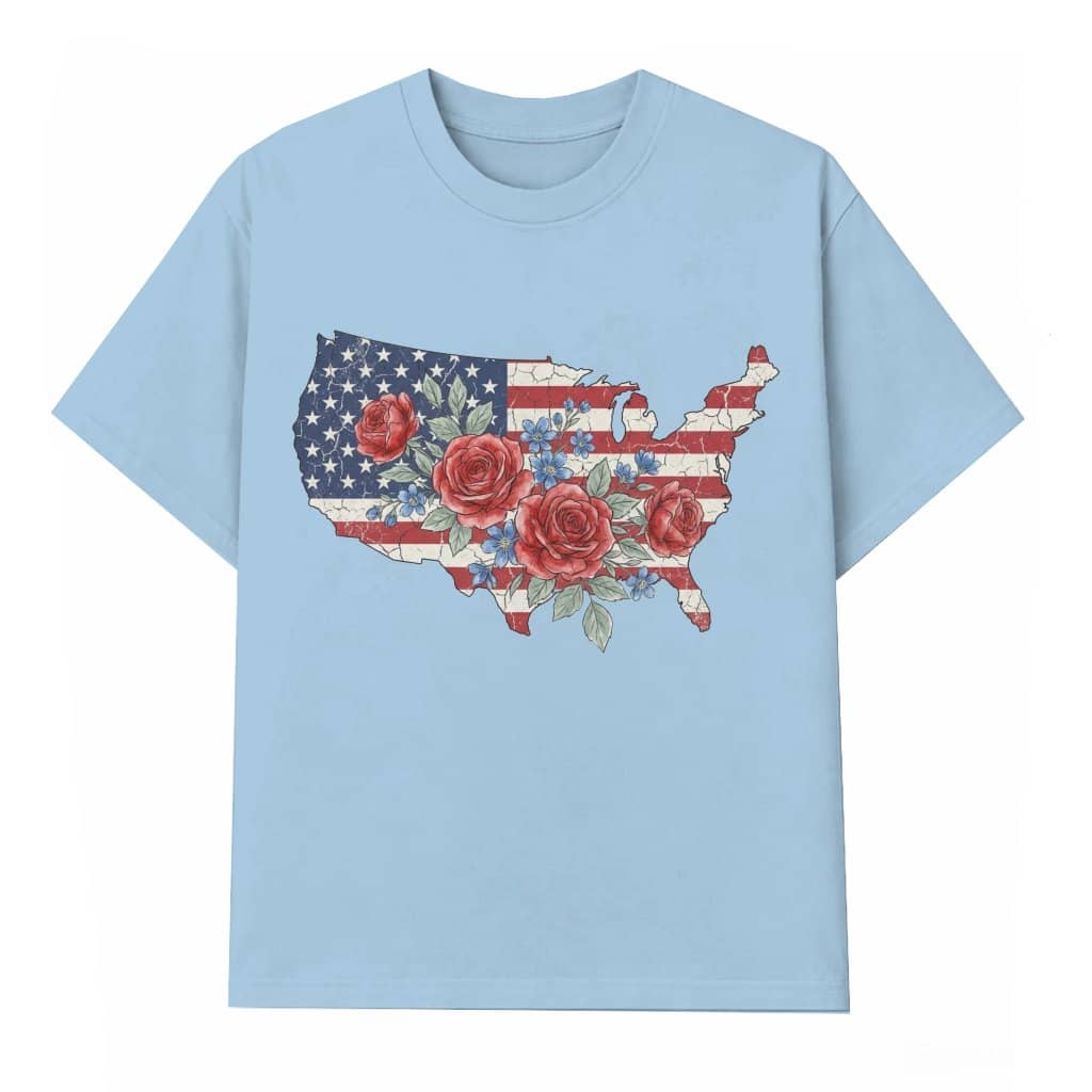 USA Floral Roses T-Shirt – 4th of July Gift for Her, Patriotic America Wildflower Country Tee