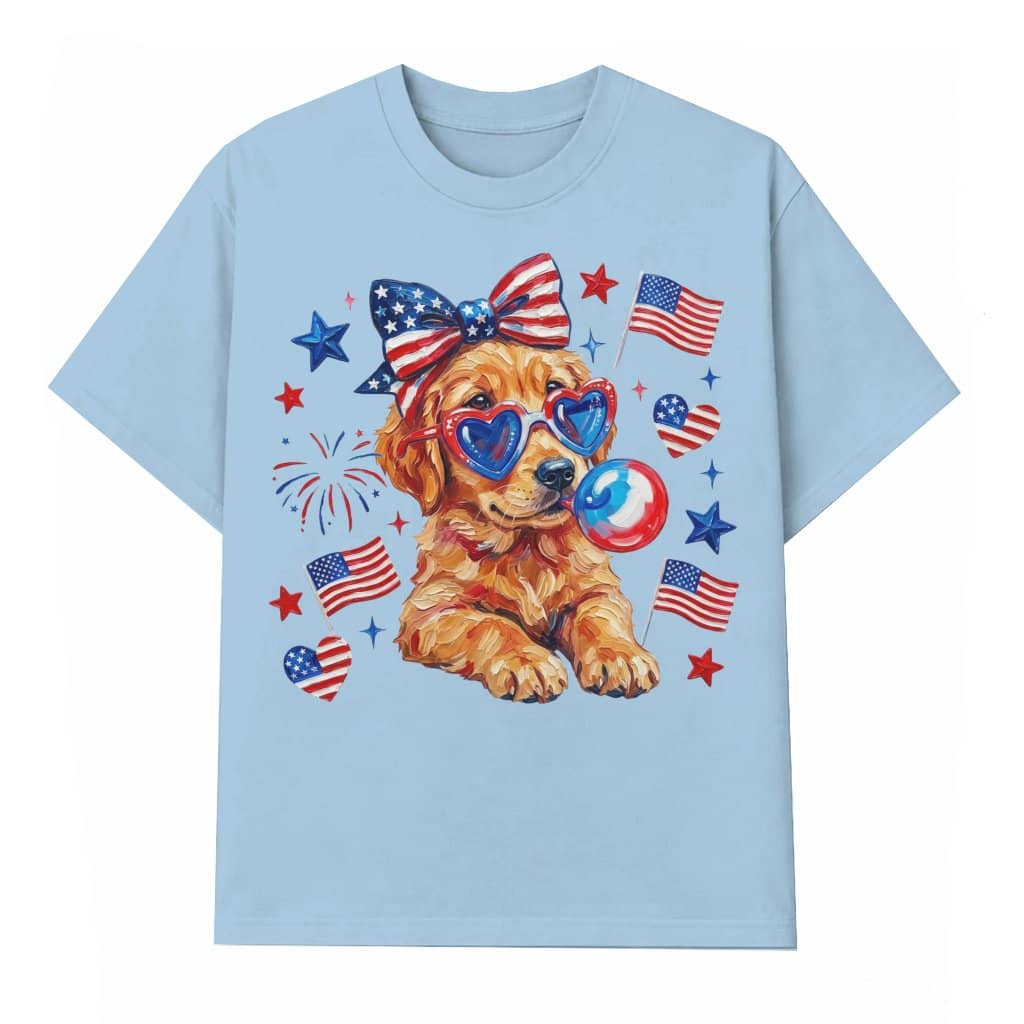 Patriotic Golden Retriever Coquette T-shirt – Funny 4th of July Gift for Her, USA Tee