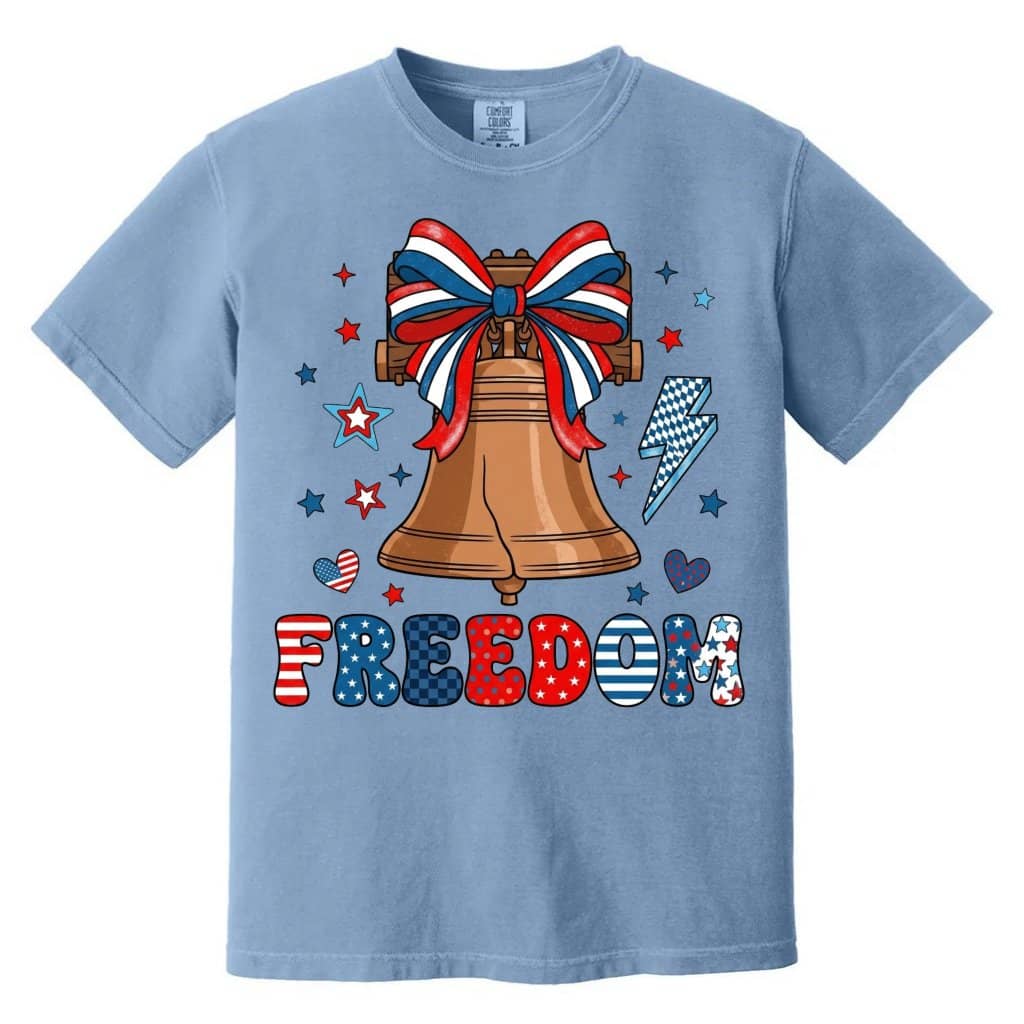 Freedom Liberty Bell Coquette Bow Comfort Colors T-Shirt – 4th of July Gift for Her, Patriotic USA Christian Tee
