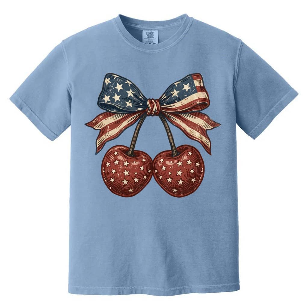 Comfort Colors USA Cherry Coquette Bow Shirt – 4th of July Gift for Her