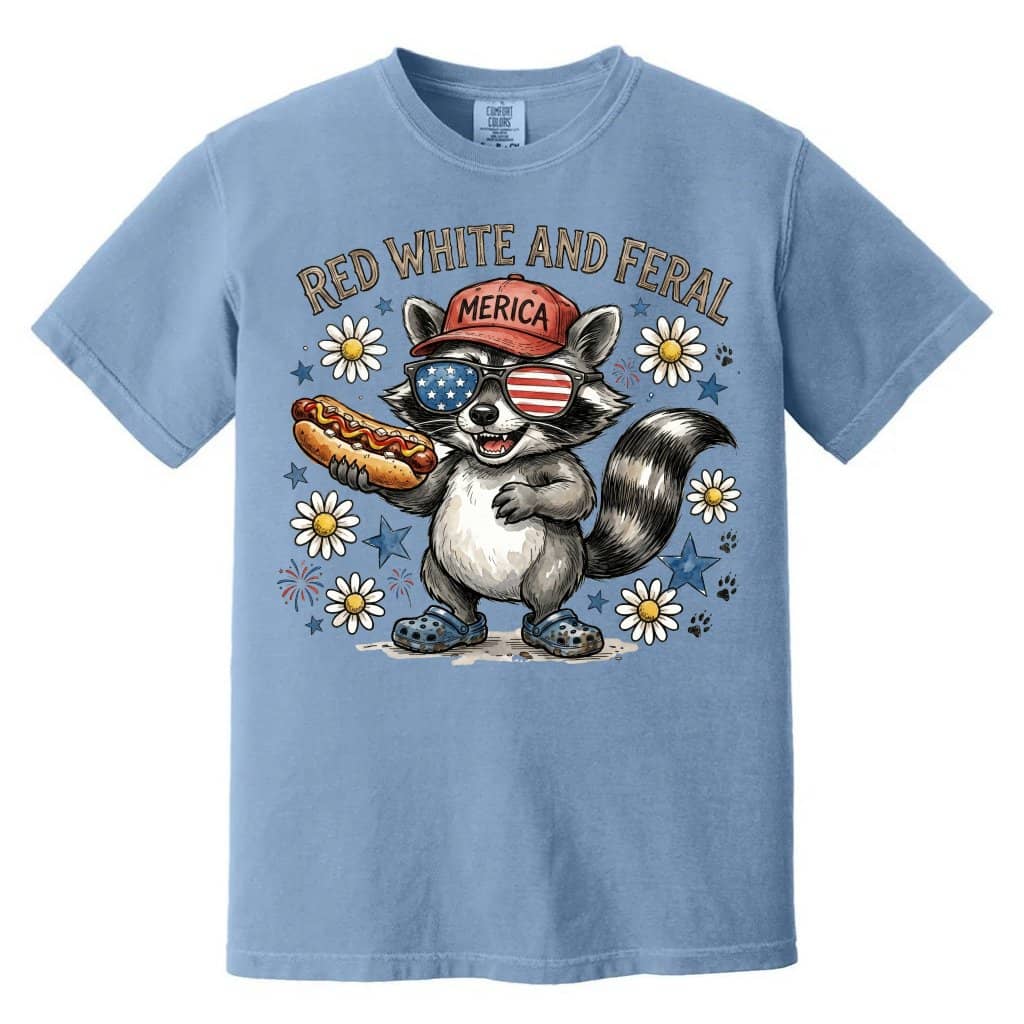 Comfort Colors Red White Feral Raccoon Shirt – 4th of July Gift for Her