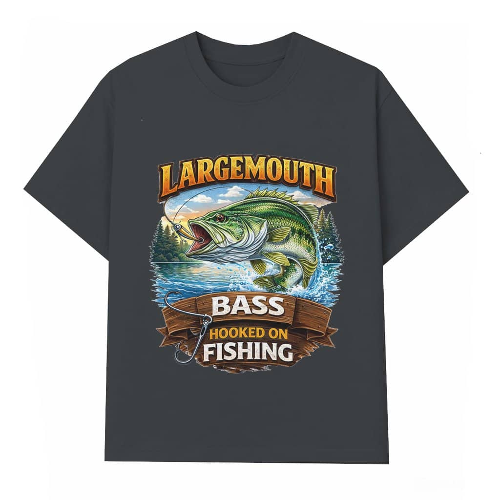 Large Mouth Bass Hooked On Fishing T-shirt – Fishing Gift for Dad Husband Funny