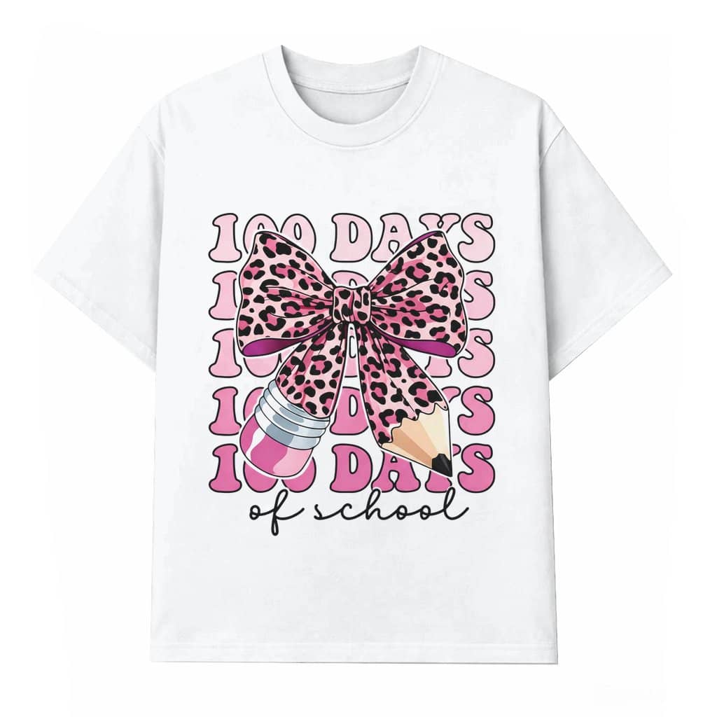 Pink Leopard Pencil Bow T-shirt – 100 Days of School Gift for Teacher Cute