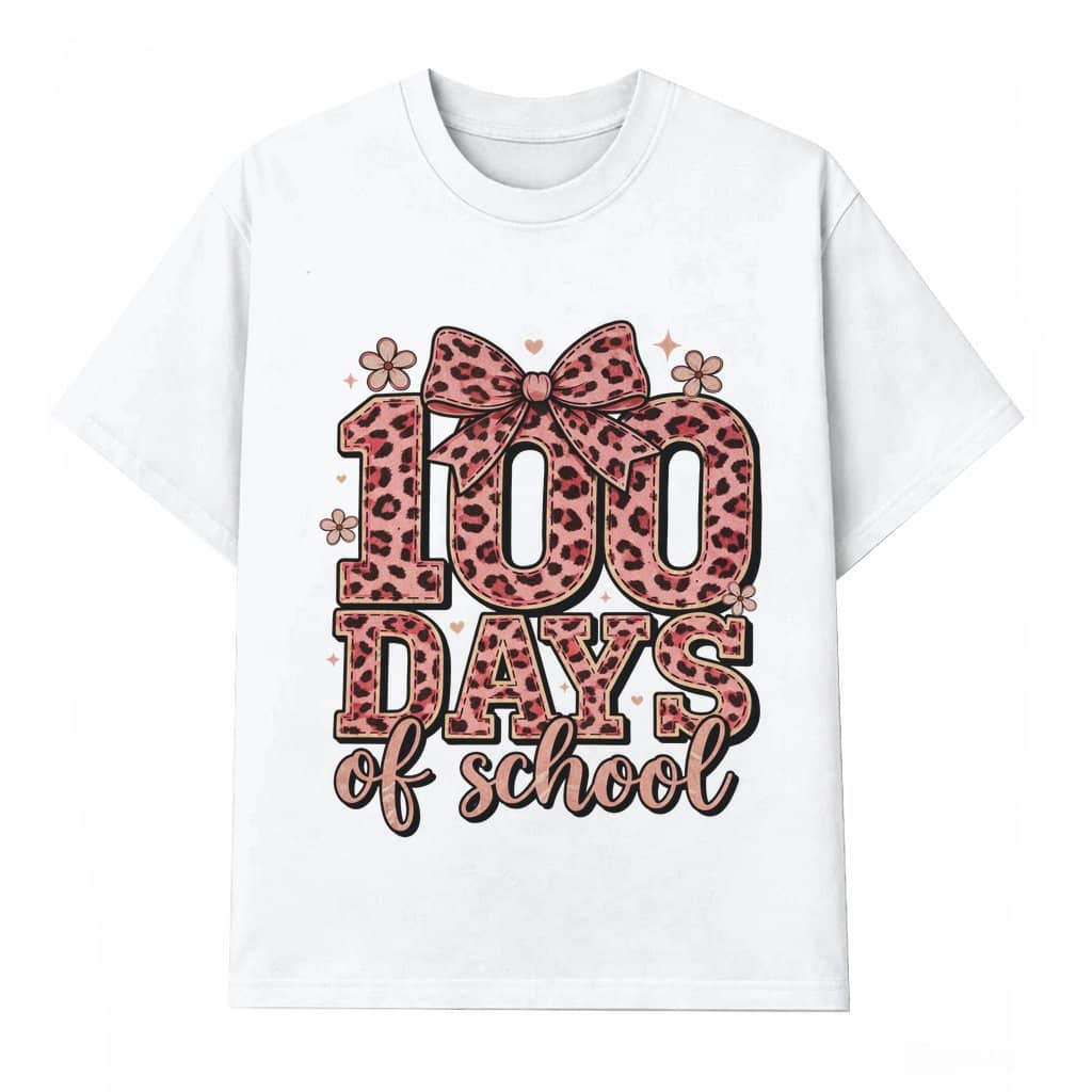 100 Days of School Leopard Bow T-shirt – Cute Gift for Teacher Student