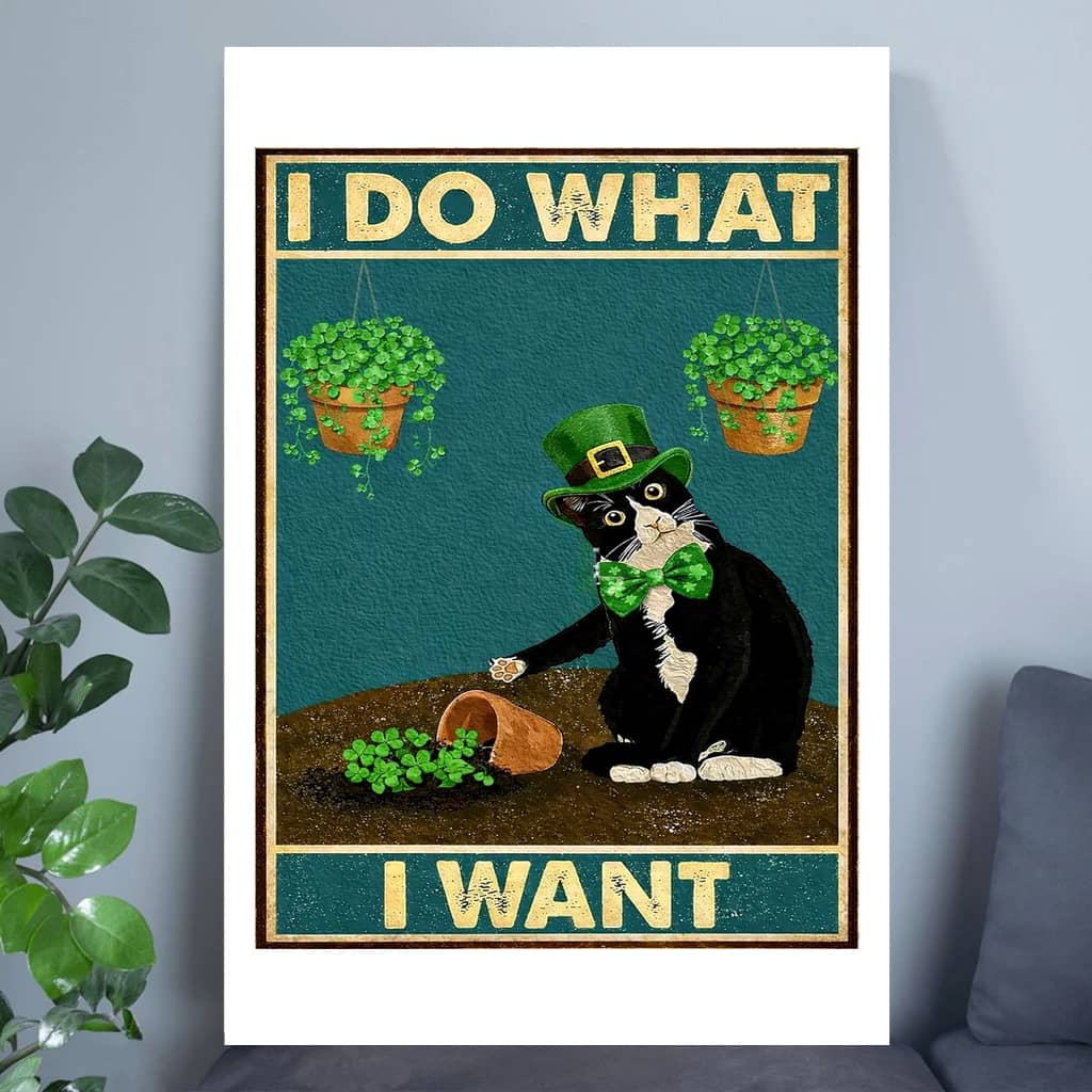 I Do What I Want Funny Leprechaun Tuxedo Cat Poster – St Patrick's Day Gift for Tuxedo Cat Lovers Vintage