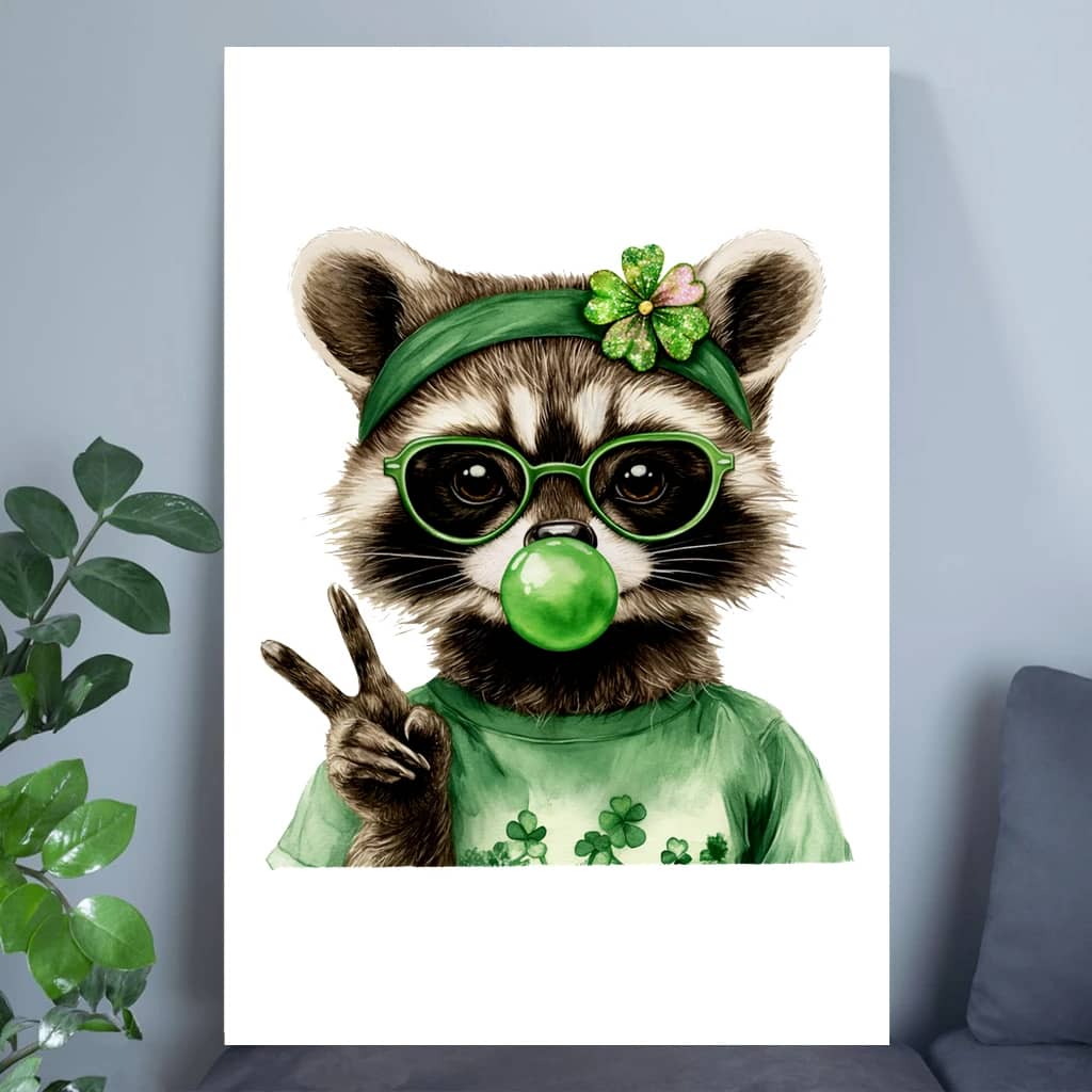 Lucky Raccoon Poster – St. Patrick’s Day Gift Cute Green Raccoon Print