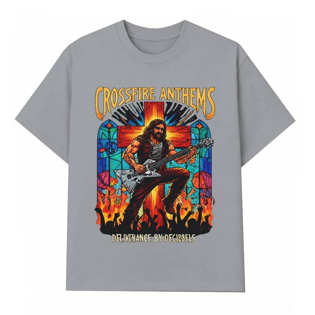 Crossfire Anthems Christian Metal T-shirt – Rock Guitar Gift for Men & Women